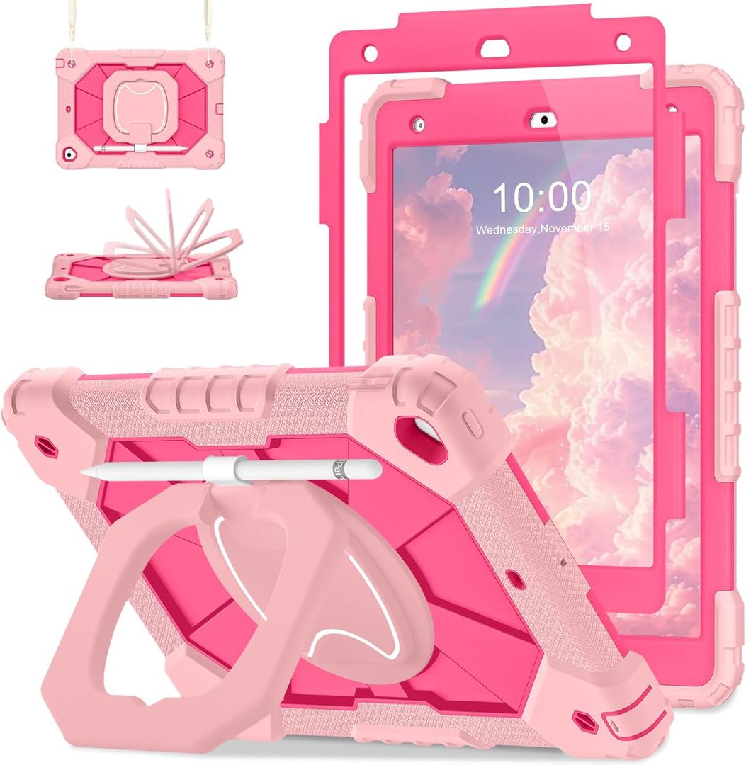 Auizotl Case for iPad 9th/8th/7th Generation 10.2 Inch iPad Case 9th Generation with Screen Protector/Rotate Stand/Pen Holder, Heavy Duty Shockproof i Pad 9th/8th/7th Cases,Rose Pink
