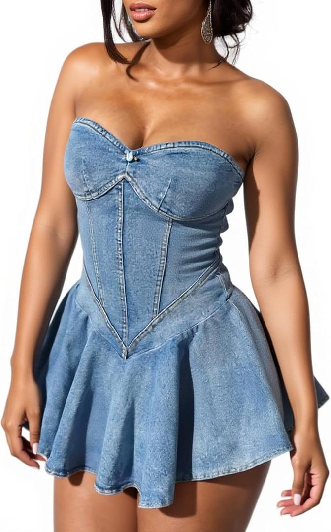 SHINFY Womens Summer Denim Dress Sexy Off Shoulder Strapless Bustier Corset Tube Pleated Mini Jean Dresses (Blue, L)