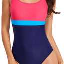 Womens One Piece Swimsuit Scoop Open Back Athletic Training Swimwear Color Block Sport Bathing Suit (S)