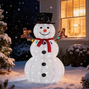 DUMOS 5ft Prelit Pop-Up White Snowman, Large Outdoor Bright Christmas Decorations w/ 200 LED Lights, Hat, Scarf, Holiday Garden Yard Decor, White-Red