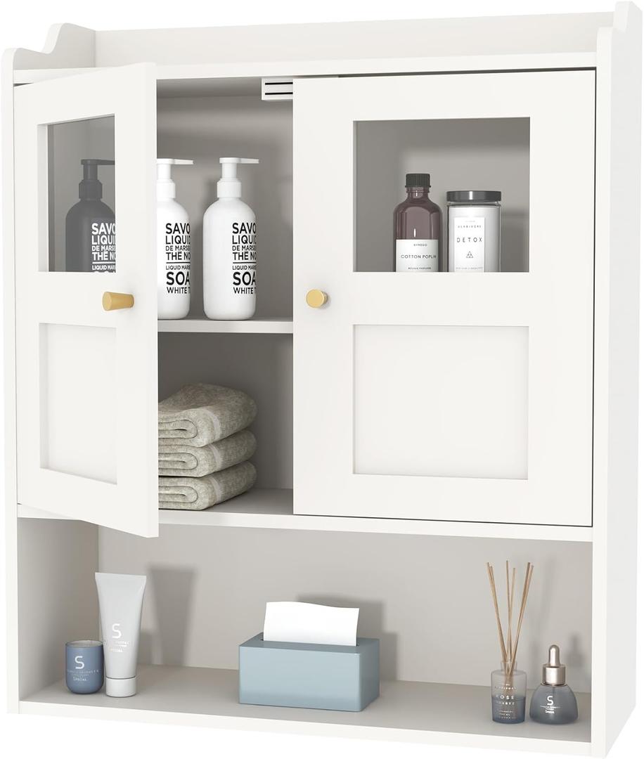 Bathroom Wall Cabinet, Medicine Cabinet with 2 Glass Door and Adjustable Shelves,White Wall Mounted Cabinet Over The Toile,3-Tier Wood Hanging Storage for Bathroom,Kitchen,Living,Laundry Room