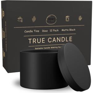 True Candle Tins for Making Candles - 12 Pack of 16 oz Black Candle Containers Bulk - Empty tins with lids for Candles - Premium Metal Jars, Vessels | Painted Outside Inside | Matte Black (Wide)