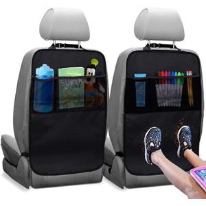 EcoNour 2 Pack Back Seat Protector for Kids Feet | Premium Waterproof Kick Mats with 2 Pocket Organizer | Backseat Cover for Vehicles to Protect from Dirt, Mud & Scratches | Travel Accessories (Black 22 Inch)