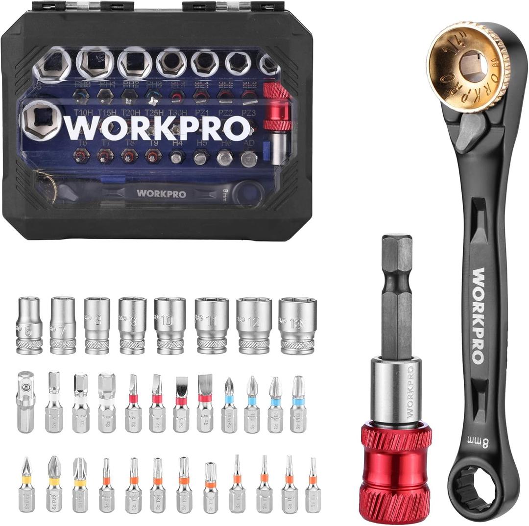 WORKPRO 34-Piece 1/4" Mini Ratchet Wrench Set, 72-Tooth, Right Angle Screwdriver Mens Gifts, 90 Degree Offset Ratcheting Screwdriver Mini Low Profile Ratchet Wrench Bit Socket Set for Tight Space