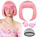 PLULON Bright Pink Bob Wig with Heart Sunglasses and Hair Cap for Women, Short Bob Wigs Synthetic Colored Funny Cosplay Hairpieces for Women Men Neon Bachelorette Halloween Costume Party Decorations