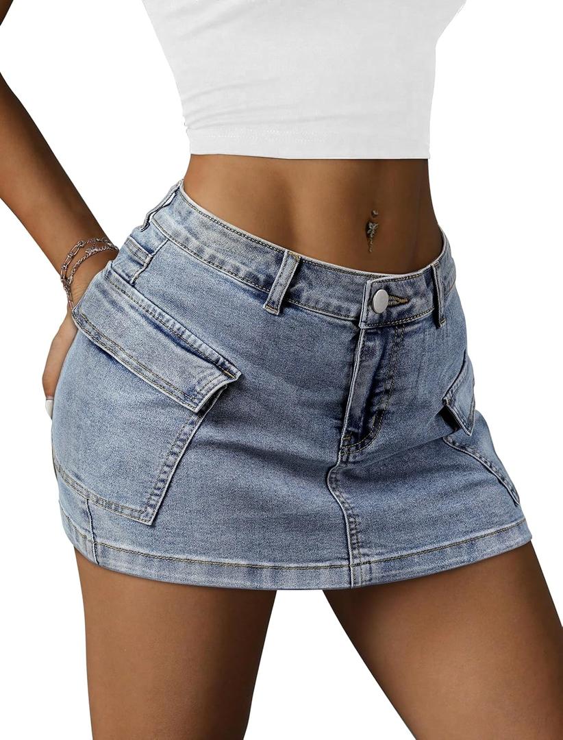 YZEGGO Womens Cargo Skirt Low Waist Button Denim Mini Skirt Summer Y2k Jean Skirt with Flap Pockets (Blue, L)