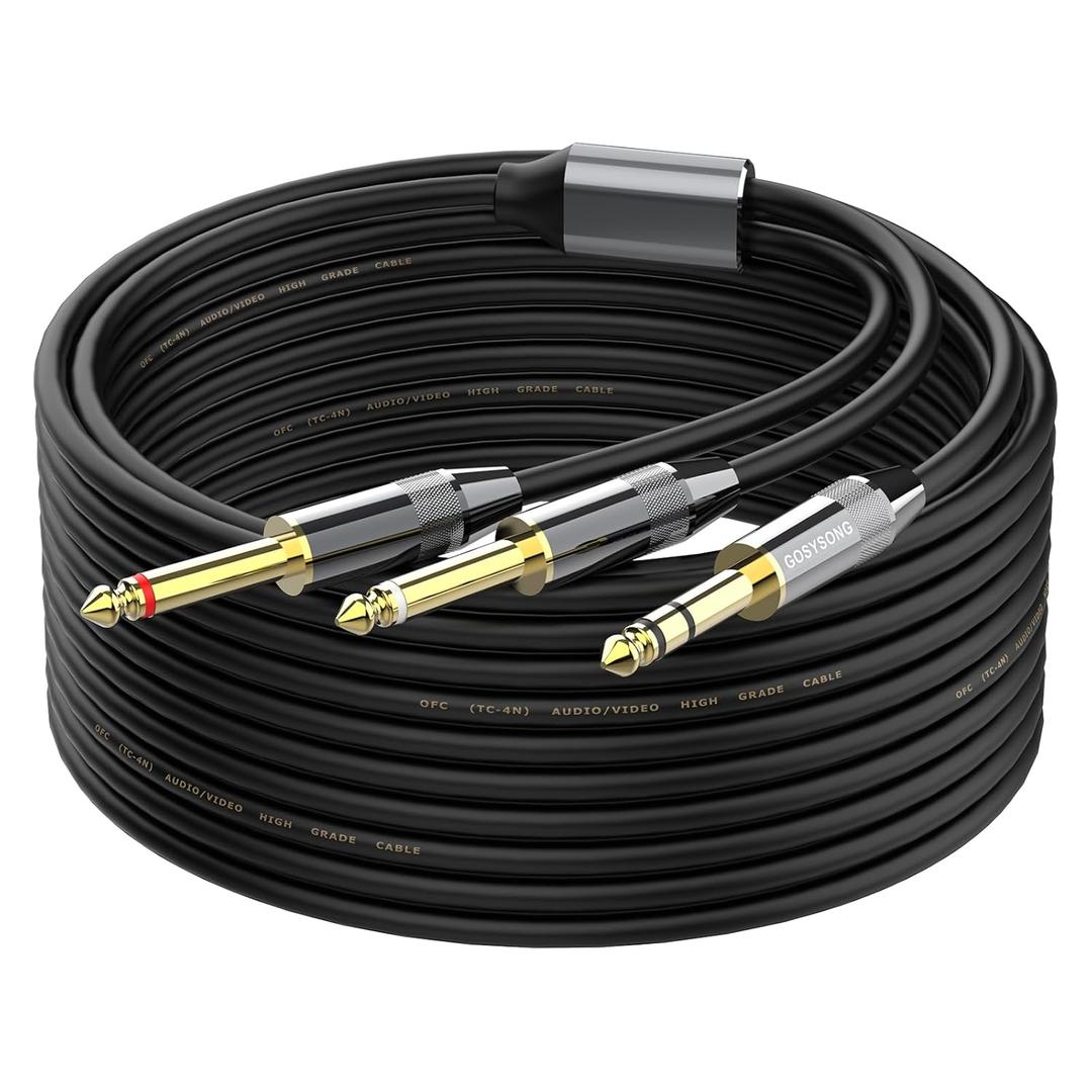 20ft Insert Cable, 1/4 TRS Stereo to Dual 1/4 TS Mono Y-Splitter Stereo Breakout Audio Cable