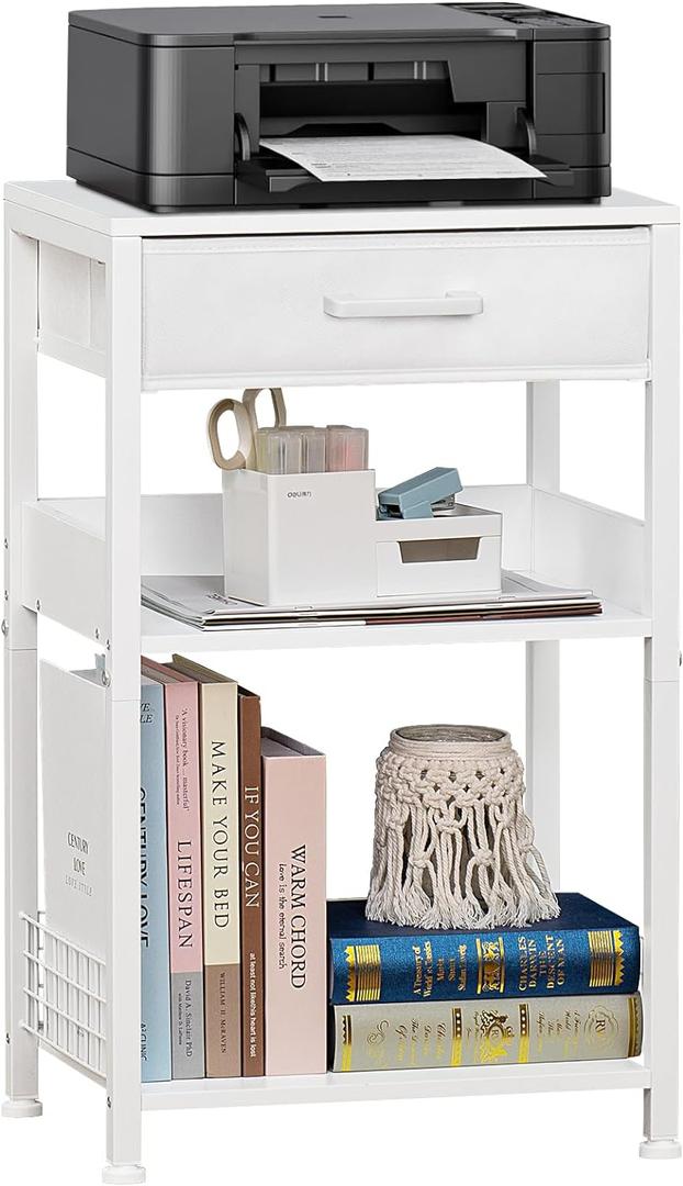 Lerliuo White Printer Stand with Fabric Drawer, 3 Tier Industrial Side Table, Modern Small Printer Desk Holder with Storage Shelf,Multi-Functional Bedside Tables for Home Office Fax Machine Scanner (1 pack)