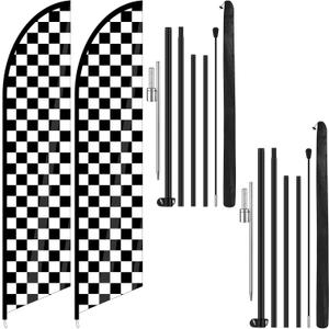 HunnmingRe 2 Sets Checkered Flag Banner Black and White Swooper Flag with Pole Kit Checkered Feather Racing Windless Full Sleeve Banner Finish Line Sign Kit for Races Events Party Supplies