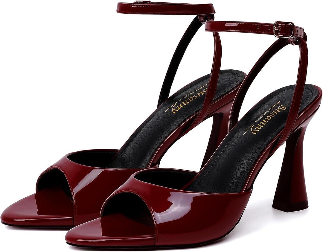 Susanny High Heels for Women Pointed Open Toe Strappy Chunky Block Heels Ankle Strap Stiletto Kitten Heeled Sandals Wedding Bridal Party Prom Sexy Dress Shoes, 7