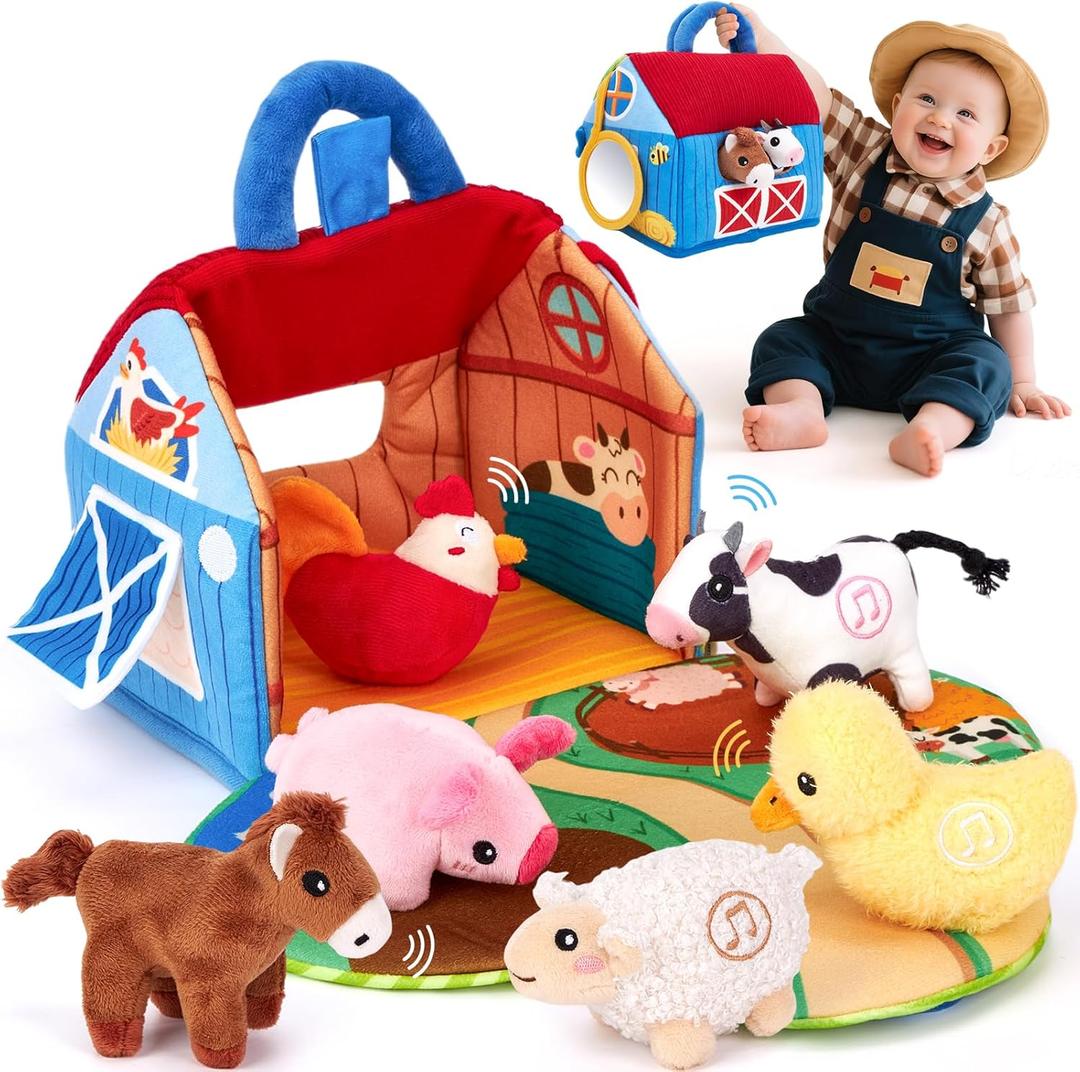 hahaland Baby Toys 6-12 Months - Surprise Barn with Stuffed Farm Animals with Real Sounds, Mirror- Montessori Toys for 6 Month Old Baby 1 Year Old Boy Girl Gifts Toddlers Sensory Toy