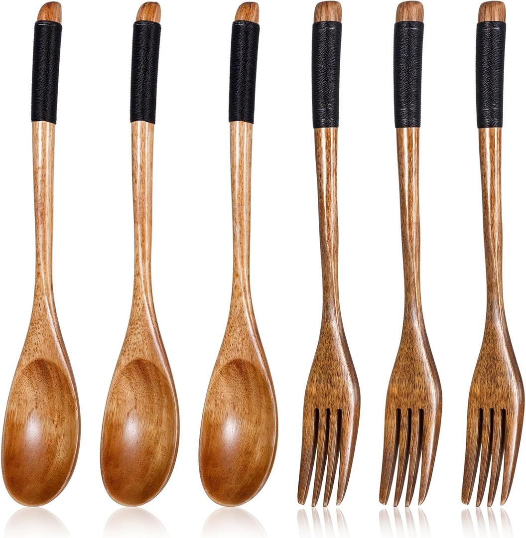 6 PCS Kitchen Wood Dinner Flatware Tableware Set, Wooden Spoon and Fork for Eating Utensil Set Wooden Utensils for Eatings, Reusable Bamboo Eat Utensils for Cooking Eating Kitchen