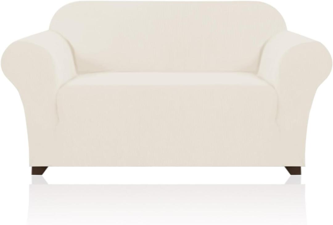 PrinceDeco Stretch Sofa Slipcover 1 Piece Sofa Cover for 2 Cushion Couch Furniture Protector/Cover Couch with Elastic Bottom Soft and Durable Sofa Cover Pet Protector (Love seat,Cream)