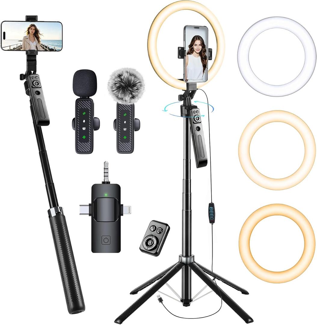 72" Vlogging Kit Tracking Tripod for iPhone 2 Wireless Mics & 10"Ring Light
