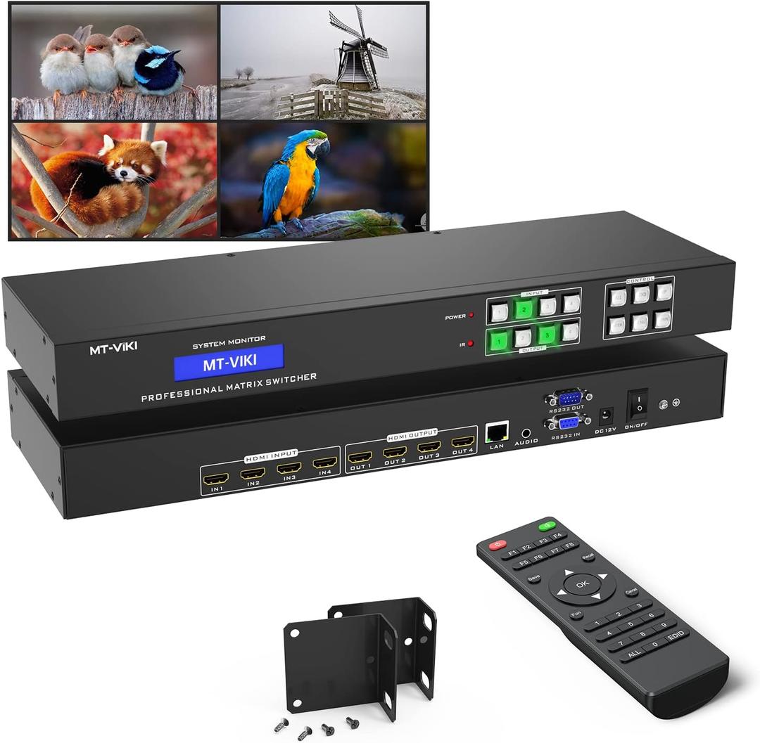 MT-VIKI 4K HDMI Matrix Switch 4x4 with 3.5mm Stereo Audio Extractor +Web GUI, Rack Mount Switcher & Splitter, 4K@30Hz, EDID, RS232, LAN Port, APP (4 in 4 Out) MT-VIKI 4K HDMI Matrix Switch 4x4 with 3.5mm Stereo Audio Extractor +Web GUI, Rack Mount Switcher & Splitter, 4K@30Hz, EDID, RS232, LAN Port, APP (4 in 4 Out)