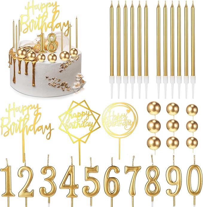Yerliker 34 Pcs Happy Birthday Cake Toppers Decorations Birthday Candles DIY Cake Decor for Men Women Wedding Anniversary(Gold)