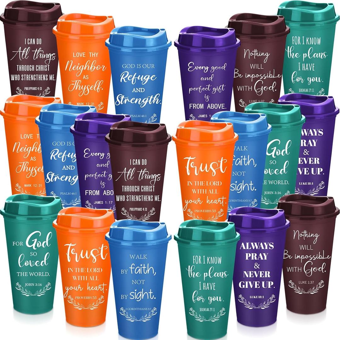 Skylety 20 Pack Christian Gifts for Men Women 16oz Reusable Bible Verse Tumbler Bulk Plastic Coffee Cups with Lids Inspirational Religious Christmas Gifts for Church Party Favor (Retro Color)