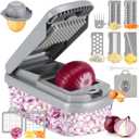 Vegetable Chopper,12-in-1 Multifunctional Food Chopper,Professional Onion Chopper with 7 Blades,Vegetable Cutter with Container for Salad,Potato,Carrot,and Garlic Essential Kitchen Tool (Silver gray)