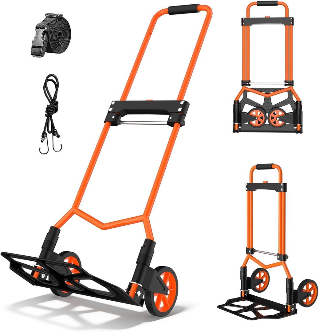 Folding Hand Truck, 180Lbs Capacity, Portable Dolly Cart with 5.9" Wheels and Telescoping Handle, Lightweight Hand Truck Dolly for Dormitory, Home, Office, Food, Shopping, logistics, Warehouse, Orange