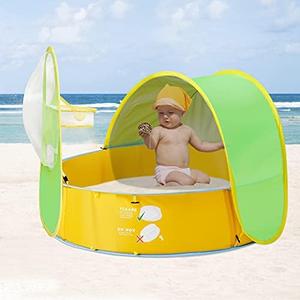 FBSPORT Baby Beach Tent, Ball Pit Tent Paddling Pool for Kids, Baby Play Pool Tent, 50+ UPF Protection Sun Shade with Basketball Hoop- Balls Not Included, Green, Yellow