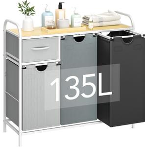 Yecaye Laundry Sorter 3 Section, Laundry Hamper with Shelf and 1 Drawer, 35.7Gal(135L) Clothes Basket Organizer, Pull-Out and Removable Oxford Fabric Laundry Bags for Laundry Room, Bedroom, Bathroom