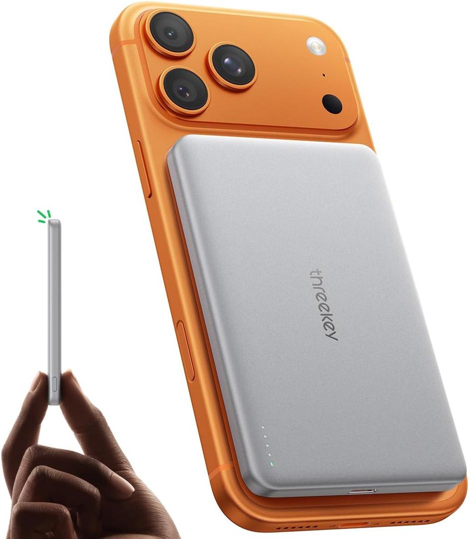 THREEKEY Ultra Slim for MagSafe Portable Charger, 10000mAh Card Slim Magnetic Power Bank,15W Wireless Fast Charging Battery Pack for iPhone 17 Air 16 15 14 13 12 Pro Max Plus(Argent Silver)