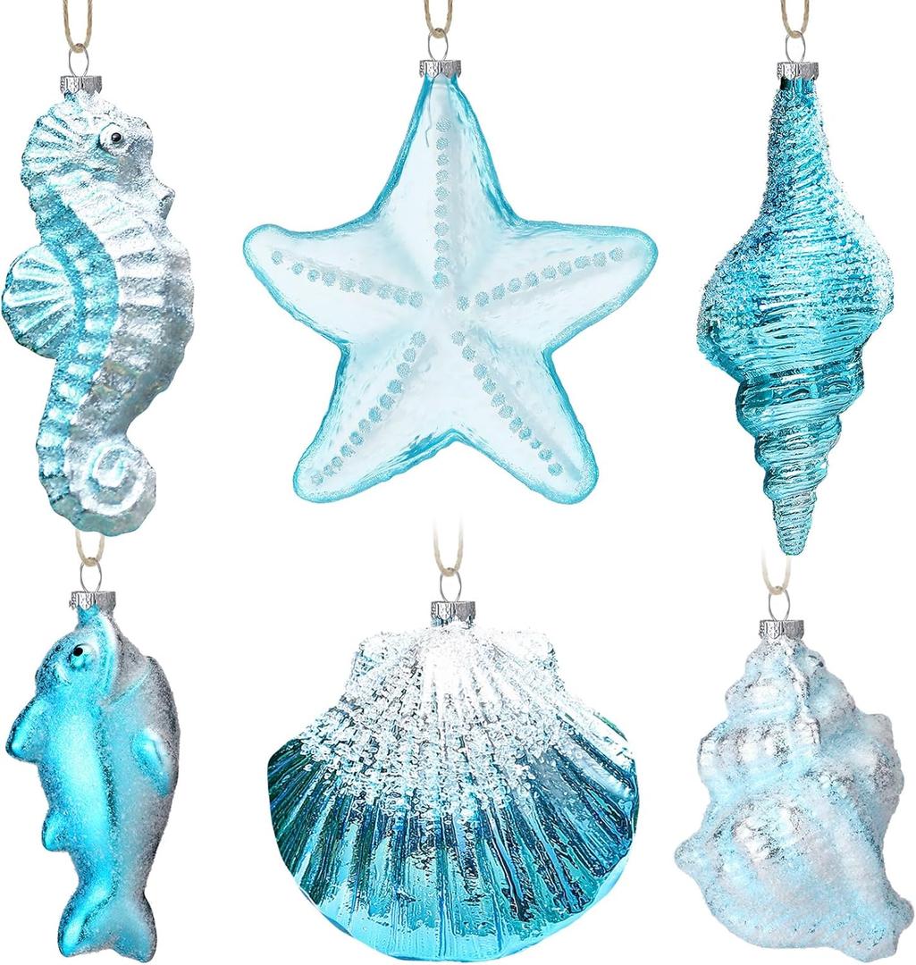 6pcs Coastal Christmas Ornaments Beach Theme Christmas Decor Seahorse Starfish Nautical Marine Xmas Tree Hanging Ornament for Holiday Party Beach House Decorations
