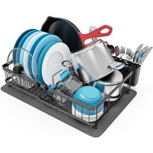GSlife Large Dish Drying Rack - Full Size Expandable Dish Racks for Kitchen Counter, Rust Resistant Dish Drainer with Absorbent Drying Mat Cutlery Holder, 16.5"-21.3" L x 14.7" W, Black