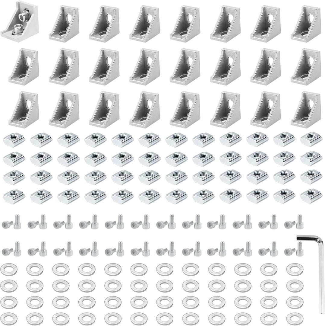 24 Set Silver 3030 Series Aluminum Extrusion Profile Connector, Includes 1pc Wrench, 24pcs 2835 Corner Bracket, 48pcs M6 T-Slot Sliding Nuts and Hex Screw Bolt for 20S Aluminum Rail Accessories