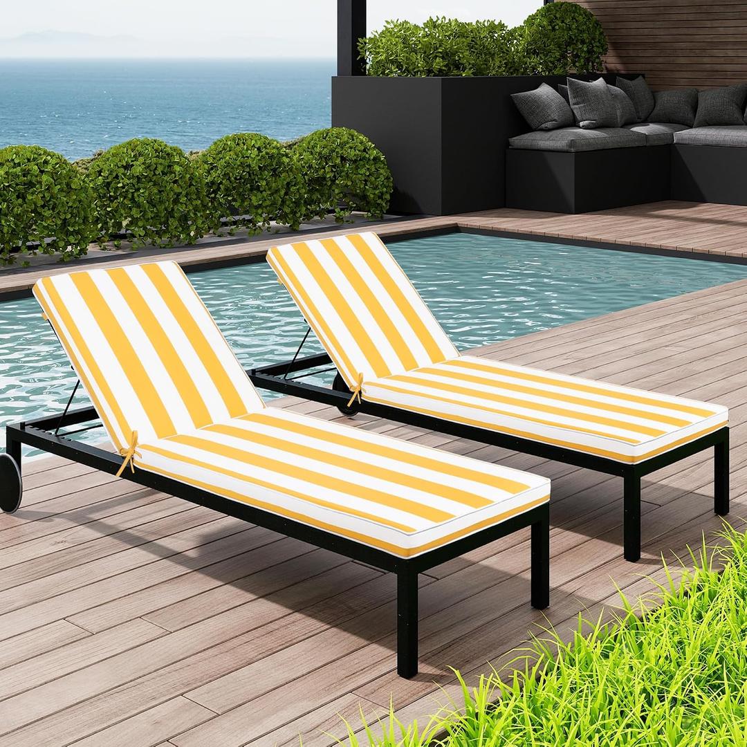 Only choice Chaise Lounge Cushions Outdoor, Fade & Water Resistant Patio Lounge Chair Cushion Replacement 2-Piece Set with High-Resilience Foam 80" x 26" x 3" for Pool, Deck(Yellow White Striped)
