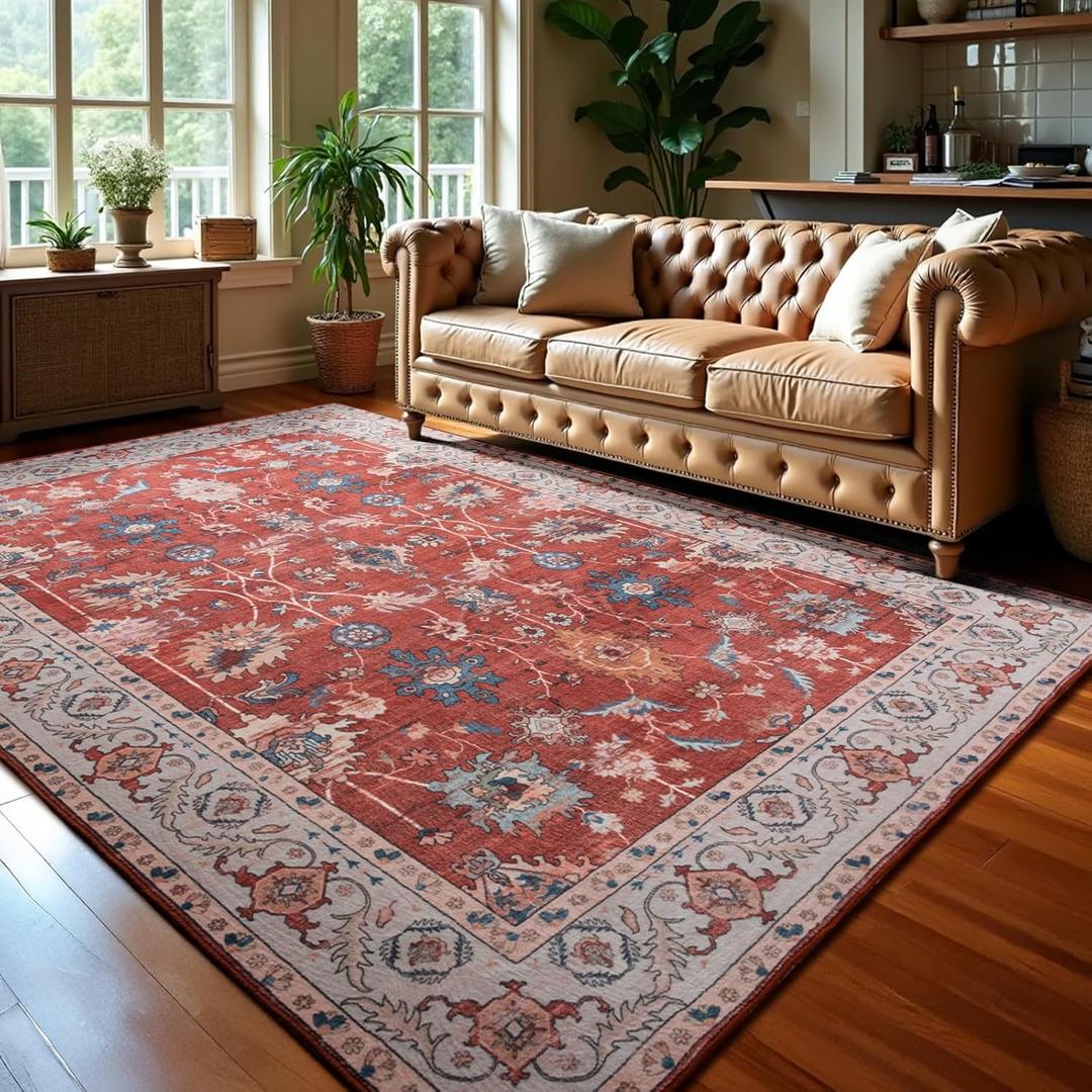Area Rug for Living Room, 6x9 Washable Non Slip Large Faux Wool Throw Rug, 0.3 Low Pile & Non-Shedding Boho Large Carpet Rugs for for Dining Room, Bedroom, Office (Red)
