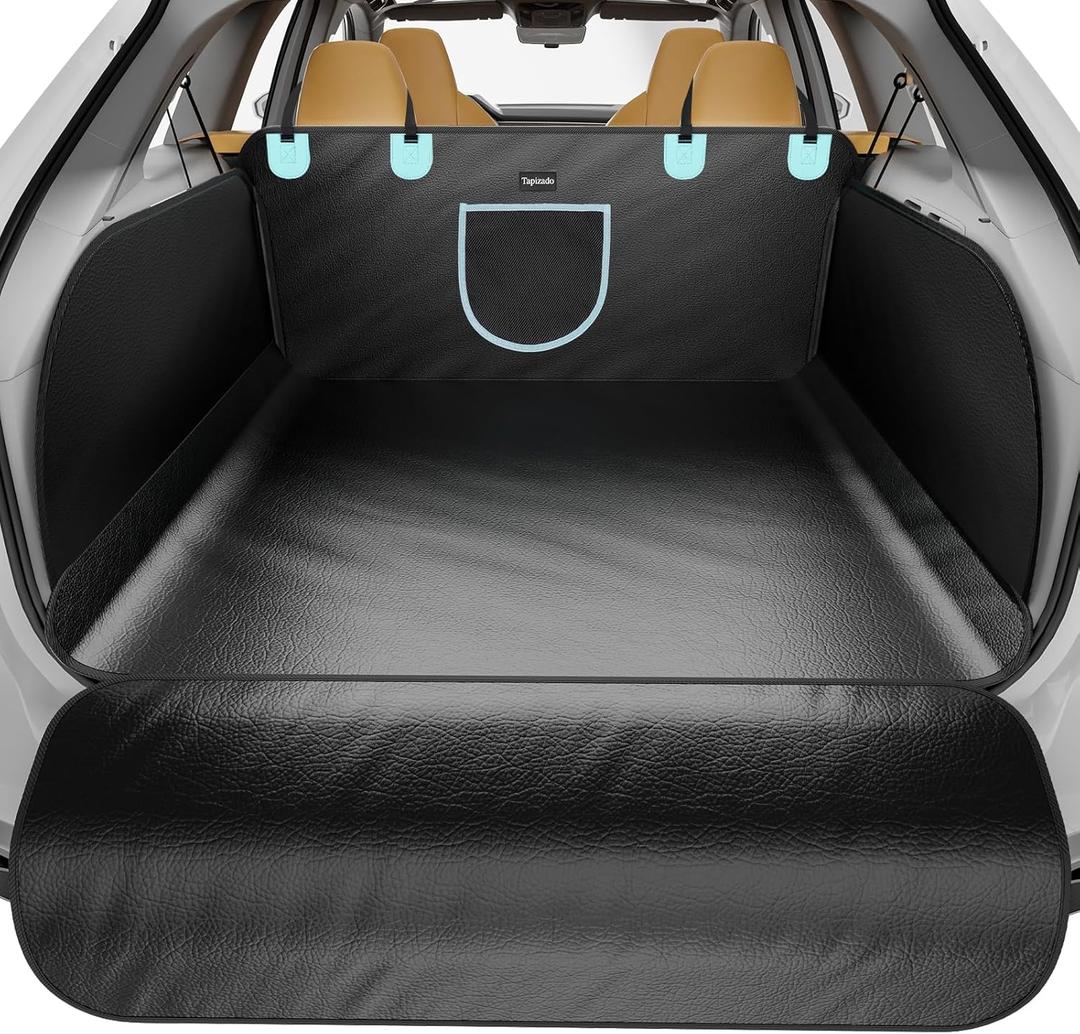 SUV Cargo Liner for Dogs with PU Leather, Waterproof Pet Trunk Cover with Taller Side Panels, Dog Seat Mat for SUVs Vans with Bumper Flap Protector, Non-Slip, Large Size Universal Fit, Black