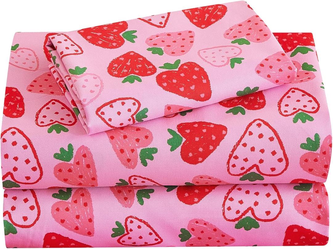 Softan Kids Bed Sheet Set, 3-Piece Twin Sheets Set, Microfiber Fitted Sheet with Corner Straps, Breathable & Silky Soft Pink Heart Strawberry Pattern Sheet and Pillowcase Sets