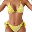Fanuerg Women's Halter String Triangle Bikini Sets Sexy Floral Textured Two Piece Swimsuit Bathing Suit Yellow XS