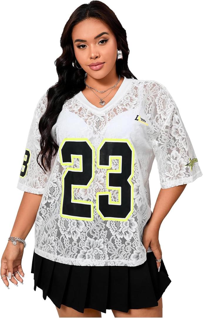 Verdusa Women's Plus Size Floral Lace Jersey Shirts Sheer Half Sleeve V Neck Number Shirt (XX-Large Plus, White)