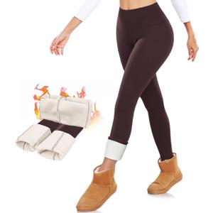 DHSO Thermal Thick Fleece Lined Leggings Women - Winter Warm High Waisted Tummy Control Soft Yoga Pants for Snow Cold (Large, Coffee)