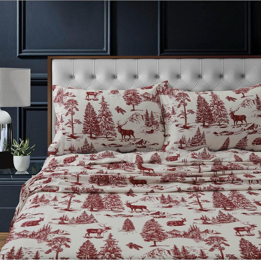 Tribeca Living Flannel Sheets King Size - 100% Cotton Flannel Sheet Set, 200 GSM Deep Pocket King Flannel Sheets, 4 Piece Ultra Soft Brushed Cotton Flannel Sheet in Deer Toile Deep Red Print