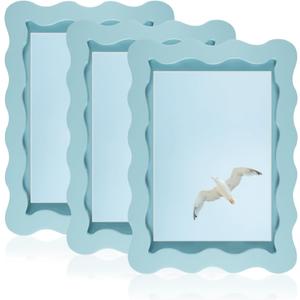 3 Pack 4 x 6inch Blue Picture Frame with Mat for 3.5 x 5inch Wavy Edge Wooden Real Glass Photo Frame Decorative Fun Cute Picture Frames for Tabletop and Wall Hanging Home Decor Gift