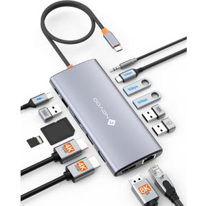 USB C Docking Station Dual Monitor for Laptop, 14 in 1 USB C Hub Adapter Thunderbolt 3 to Dual 4K60 HDMI+8K30 DP USB C/A Data 100W PD RJ45 SD/TF Audio Multiport Dock for MacBook/Dell/HP/Lenovo/Surface