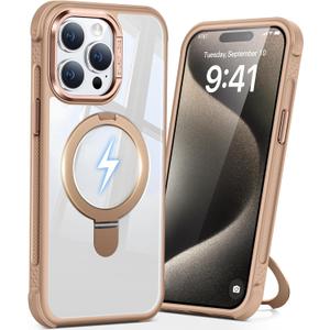 Magnetic Ring Stand Case for iPhone 15 pro max, 16FT Military-Grade Protection Shockproof, Non-Slip, Anti Scratch, Textured Grip & Clear Back for Hands-Free Video Calls (Clear Brown)