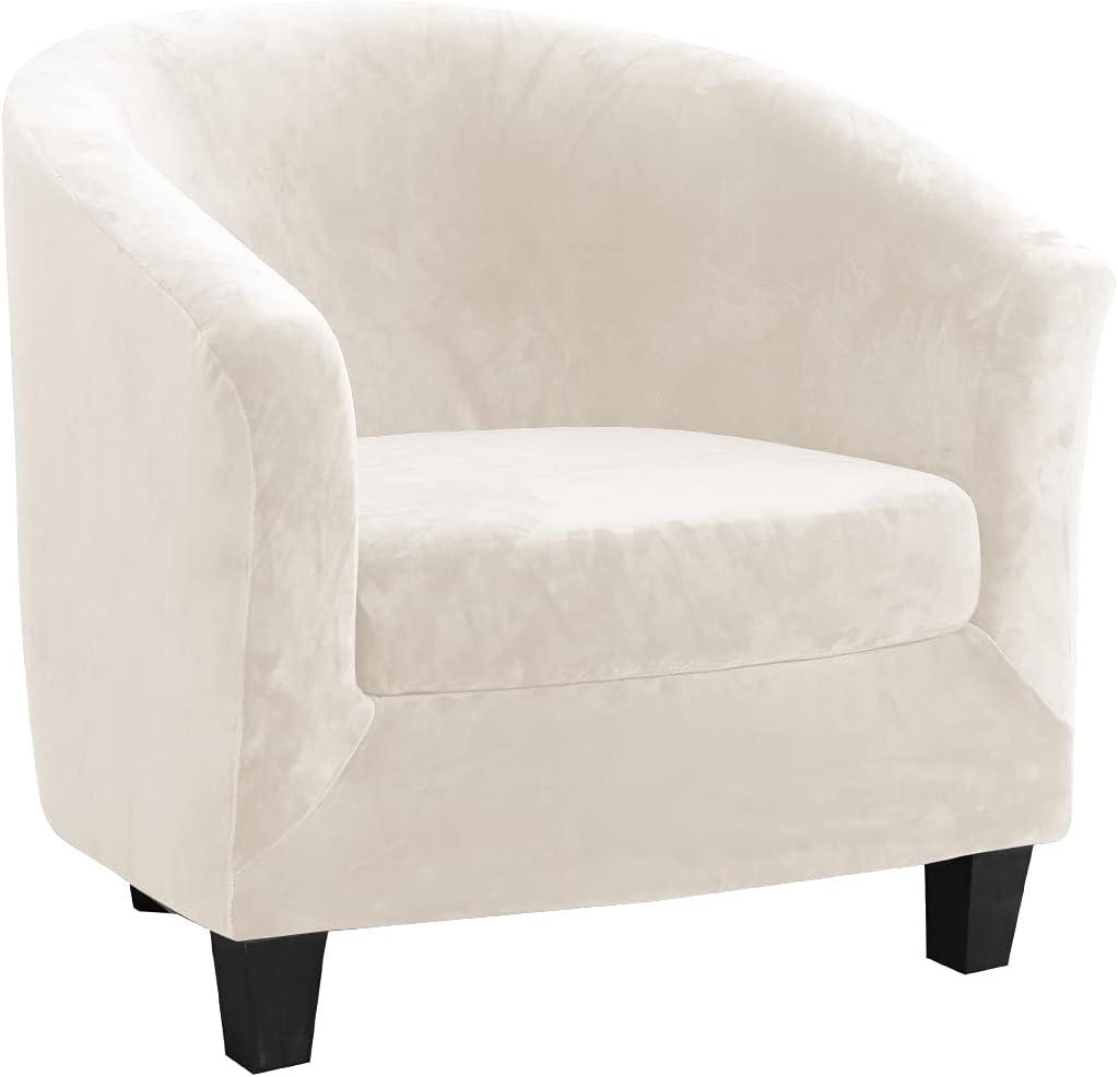MIFXIN Tub Chair Slipcover 2-Piece Velvet Stretch Club Chair Cover with Cushion Cover Spandex Round Barrel Chair Couch Armchair Furniture Protector for Living Room Hotel (Beige)