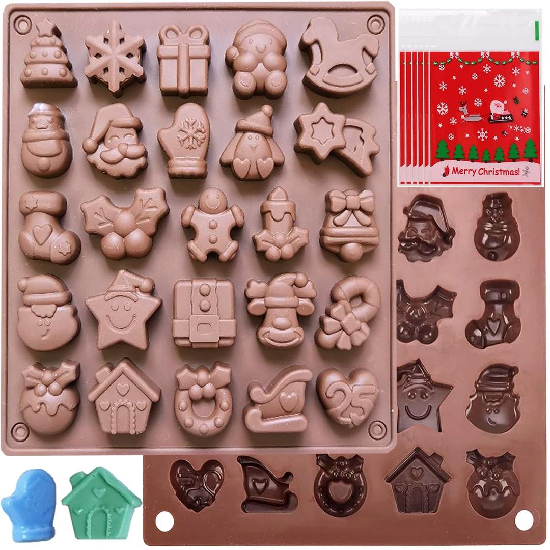 Christmas Chocolate Molds Silicone, Christmas Silicone Molds with Candy Bags for Gummy Candy Resin Soap Wax Melts Ice Cube Jelly 25 Shapes