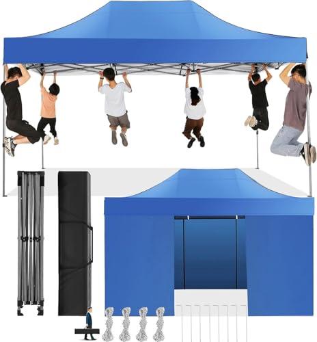 COBIZI 10x15 Pop Up Canopy with 4 Sidewall, Heavy Duty Canopy UPF 50+ All Season Wind Waterproof Commercial Outdoor Wedding Party Tents for Parties Gazebo with Carry Bag(10 x 15 ft Blue)