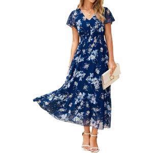 Simplee Womens Floral Maxi Dress - Short Sleeve Summer Boho Wedding Guest Dress Empire Waist Chiffon Modest Midi Dresses (Blue, XL)