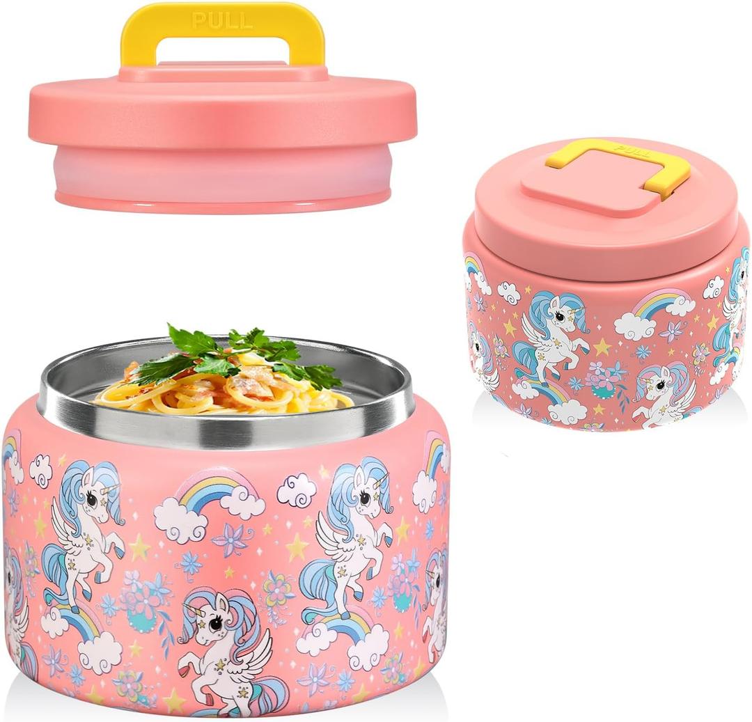 8 Oz Thermo Food Jar for Hot & Cold Food for Kids, Insulated Lunch Containers Hot Food Jar,Leak-Proof Vacuum Stainless Steel Wide Mouth Lunch Soup Thermo for School (PINK-Unicorn)