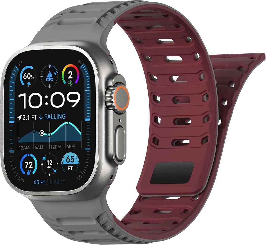 Magnetic Silicone Band Compatible with Apple Watch Band 49mm 46mm 45mm 44mm Ultra 3/2/1 & SE 3/2/1 & Series 11 10 9 8 7 6 5 4 Strong Magnetic Clasp, Hollow Out Design & Adjustable (Grey+Red)