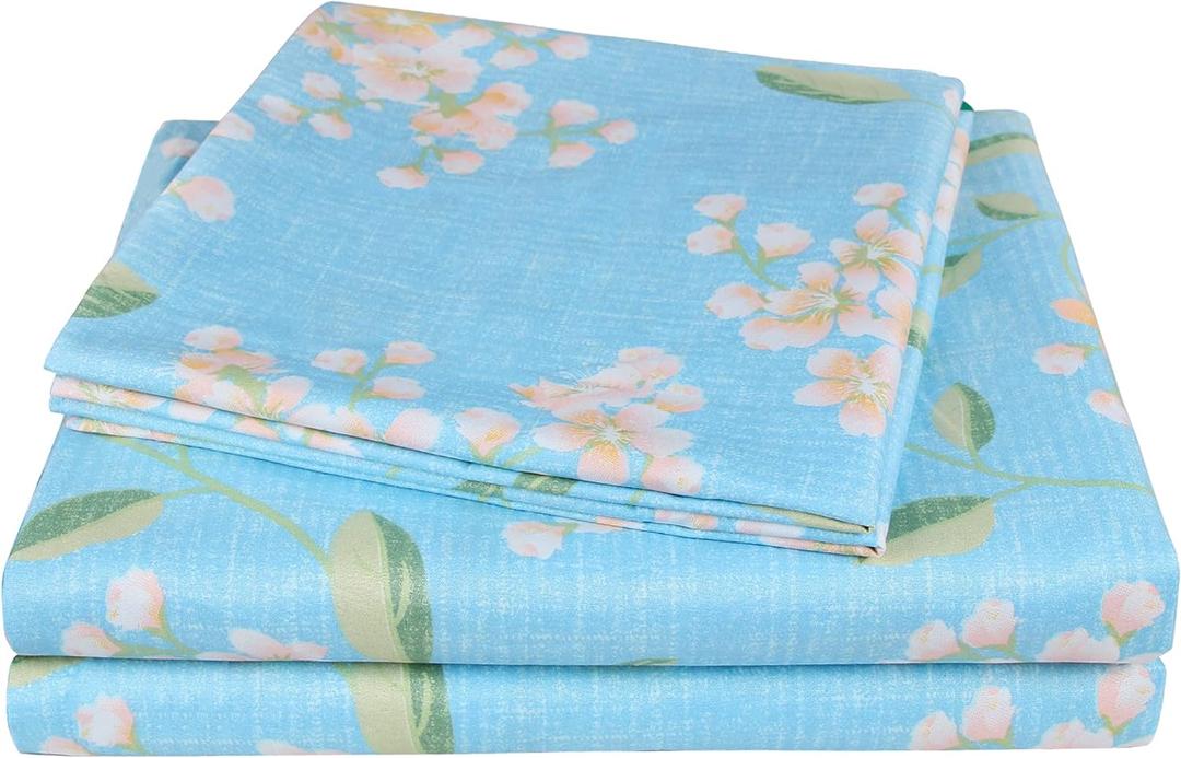 JSD Blue Floral Printed Sheet Set King Size, 4 Piece Soft Pattern Microfiber Sheets Extra Deep Pocket (Sakura)