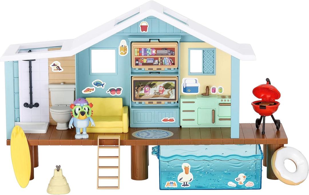 Bluey Beach Cabin Playset, 10, Customizable Toddler House Playset with 10 Play Pieces and 2.5 Goggles Figure, Toy Houses for Kids Ages 3+