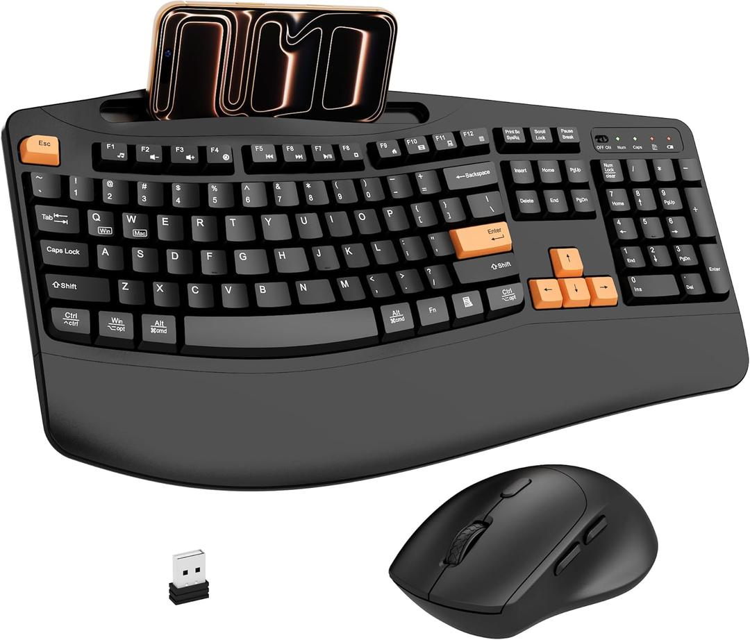 Wireless Keyboard and Mouse Combo, 2.4G Full Size Wave Keys Ergonomic Keyboard with Wrist Rest, Phone Holder, 3-Level DPI Wireless Silent Mouse with 6-Buttons, for Windows, Mac OS (Orange Black)