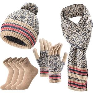 Tarpop 5 in 1 Women Knitted Beanie Hat Scarf Gloves Socks Winter Soft Warm Set Thickened Lining Cap Touchscreen Gloves